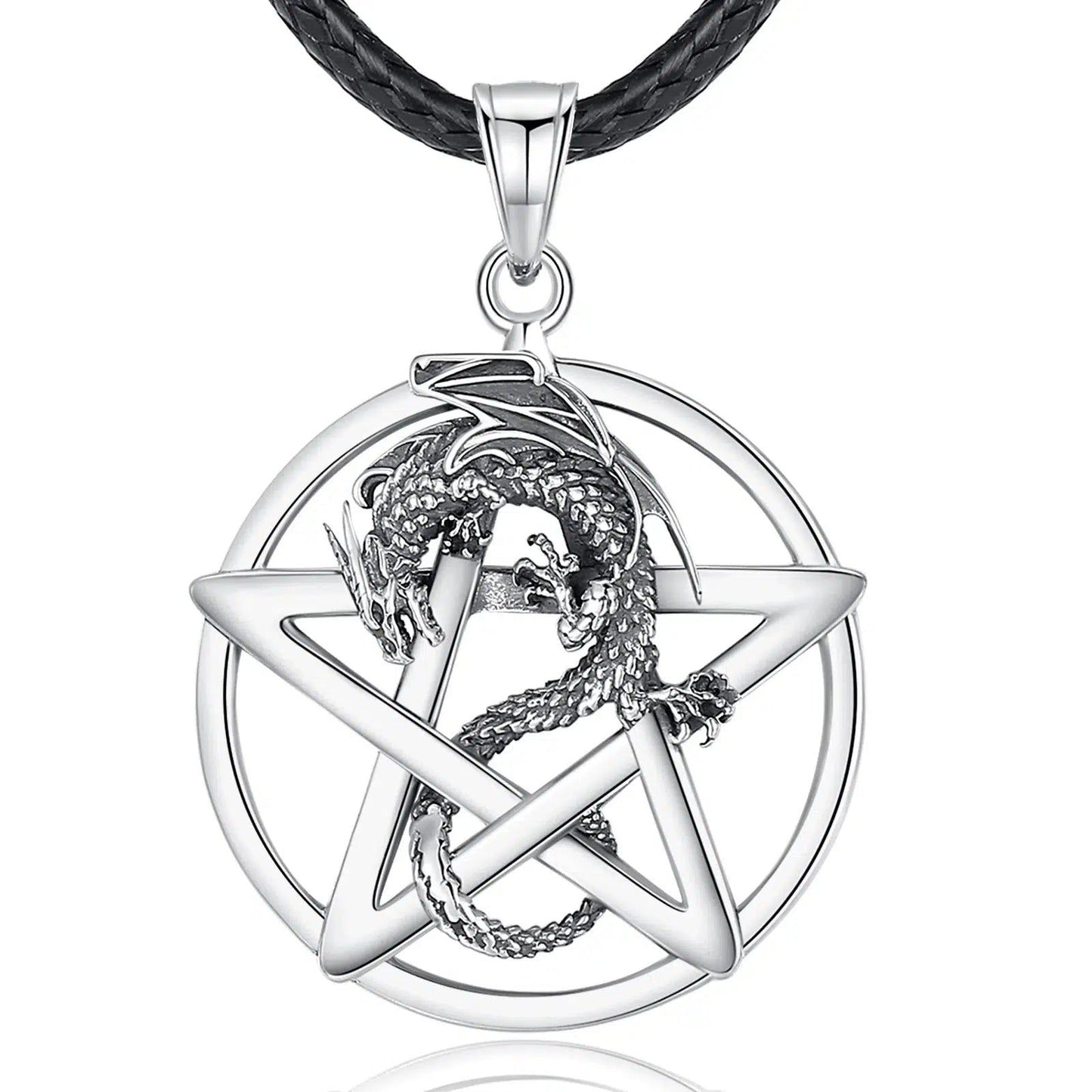 Striking 925 sterling silver Pentacle Dragon Necklace, a powerful pagan pentacle pendant on a black cord.