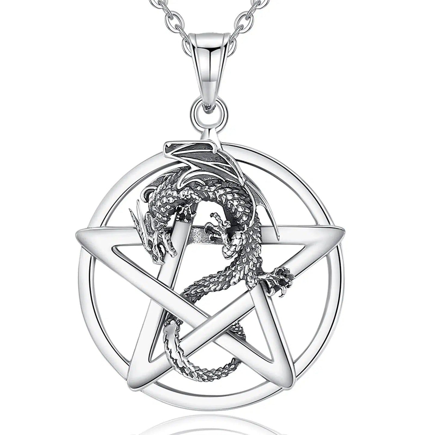 Striking 925 sterling silver Pentacle Dragon Necklace, a powerful pagan pentacle with a fierce dragon.