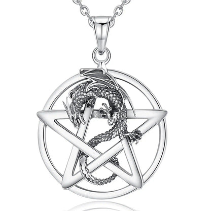 Striking 925 sterling silver Pentacle Dragon Necklace, a powerful pagan pentacle with a fierce dragon.