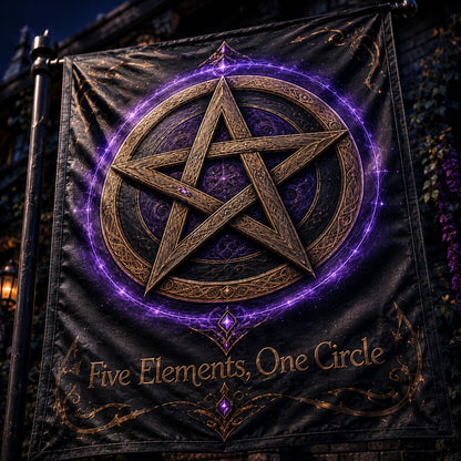 Pentacle Grand Ward house flag displayed outdoors on a garden flag stand