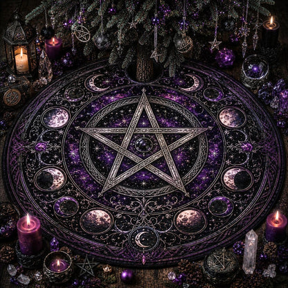 Witchcraft tree skirt with pentagram, candles, and crystals on a dark background