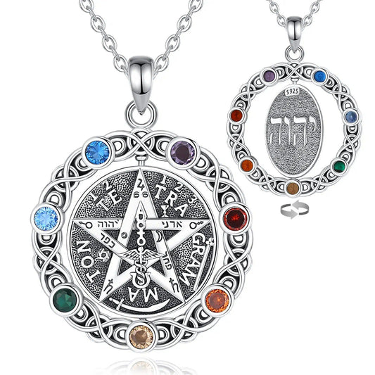 Sterling silver rotatable pentacle necklace with 7 chakra colored gemstones and Hebrew inscription.