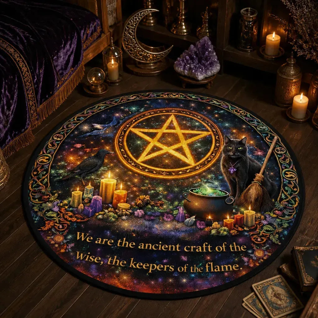 Pentacle Pagan Round Rug Witchcraft Raven and Cat Carpet for Wiccan Home Decor_mockup_3.webp