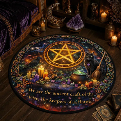 Pentacle Pagan Round Rug Witchcraft Raven and Cat Carpet for Wiccan Home Decor_mockup_3.webp