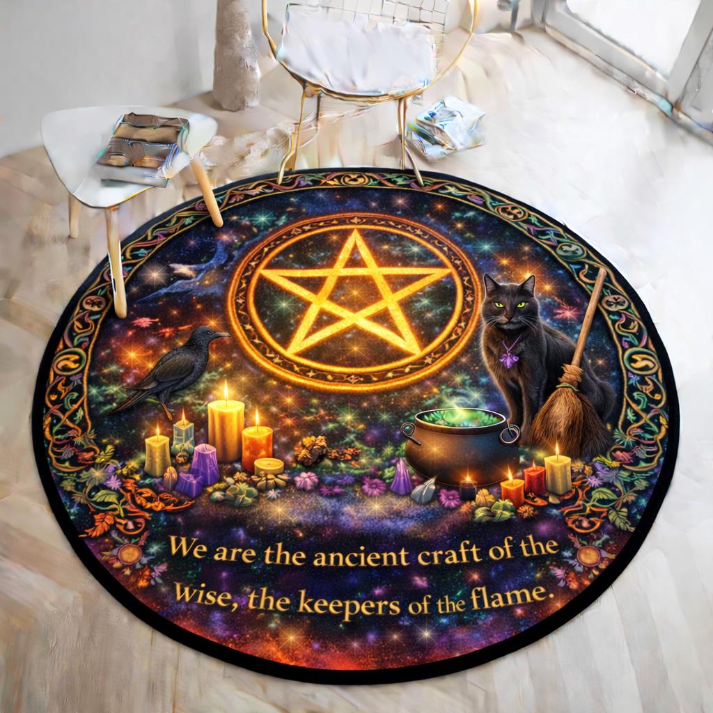 Black round pagan rug with glowing pentacle, raven, black cat, cauldron, candles, and "ancient craft" text.