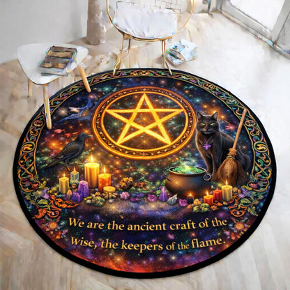 Black round pagan rug with glowing pentacle, raven, black cat, cauldron, candles, and "ancient craft" text.