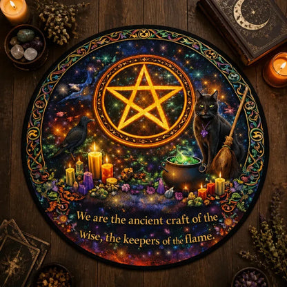 Pentacle Pagan Round Rug Witchcraft Raven and Cat Carpet for Wiccan Home Decor_mockup_2.webp