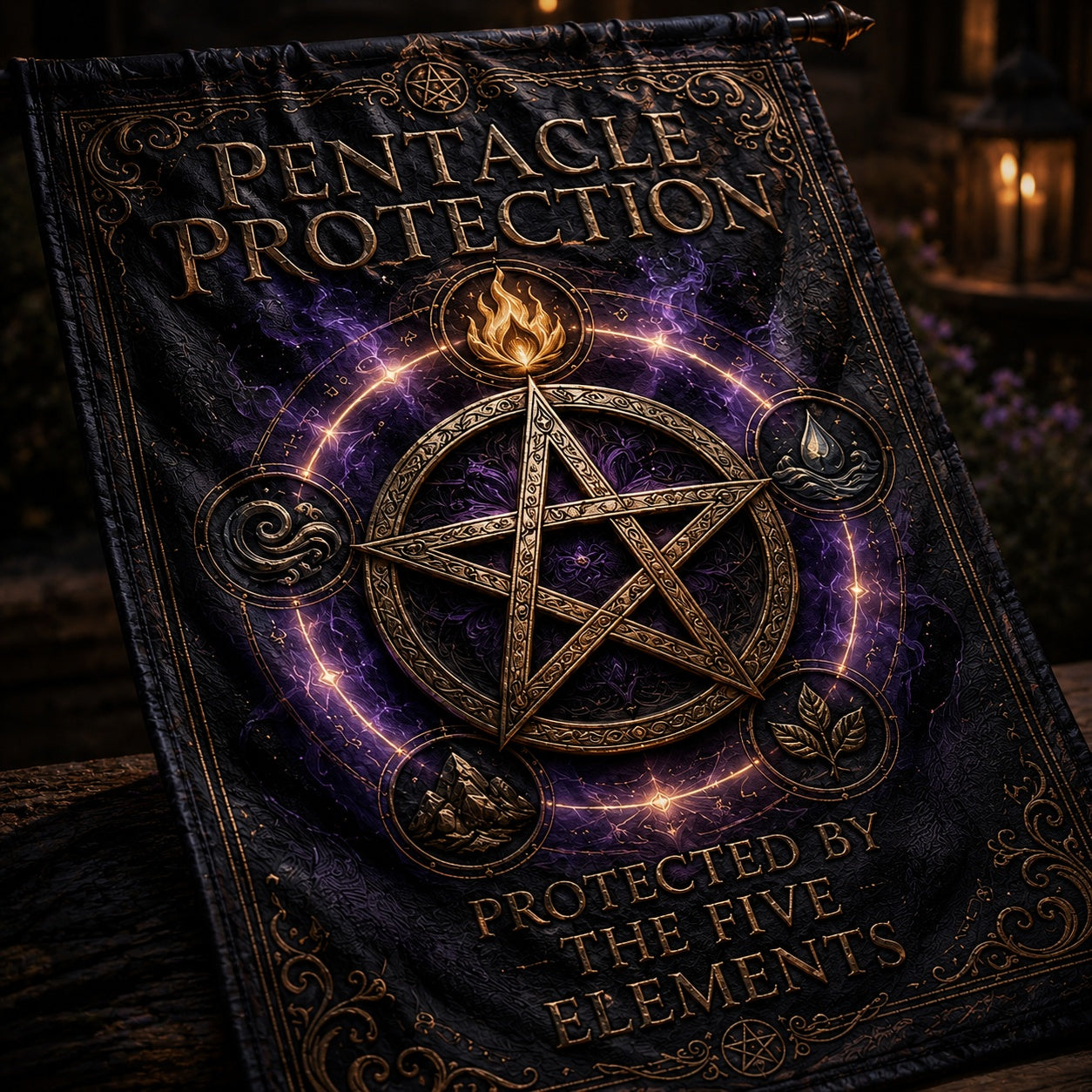 Pentacle Protection house flag displayed outdoors on a garden flag stand