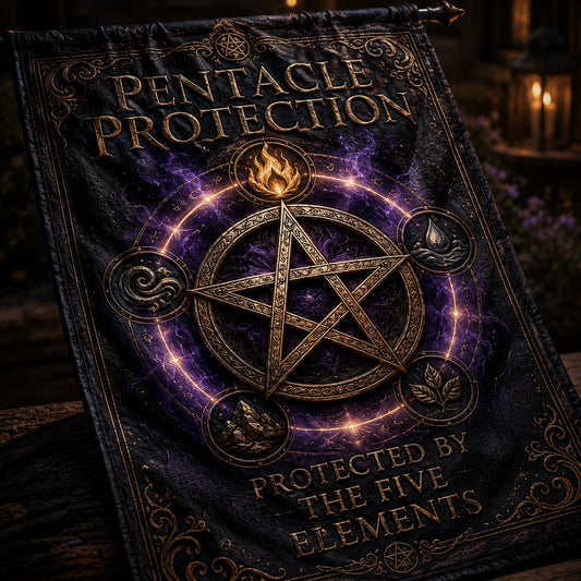 Pentacle Protection house flag displayed outdoors on a garden flag stand