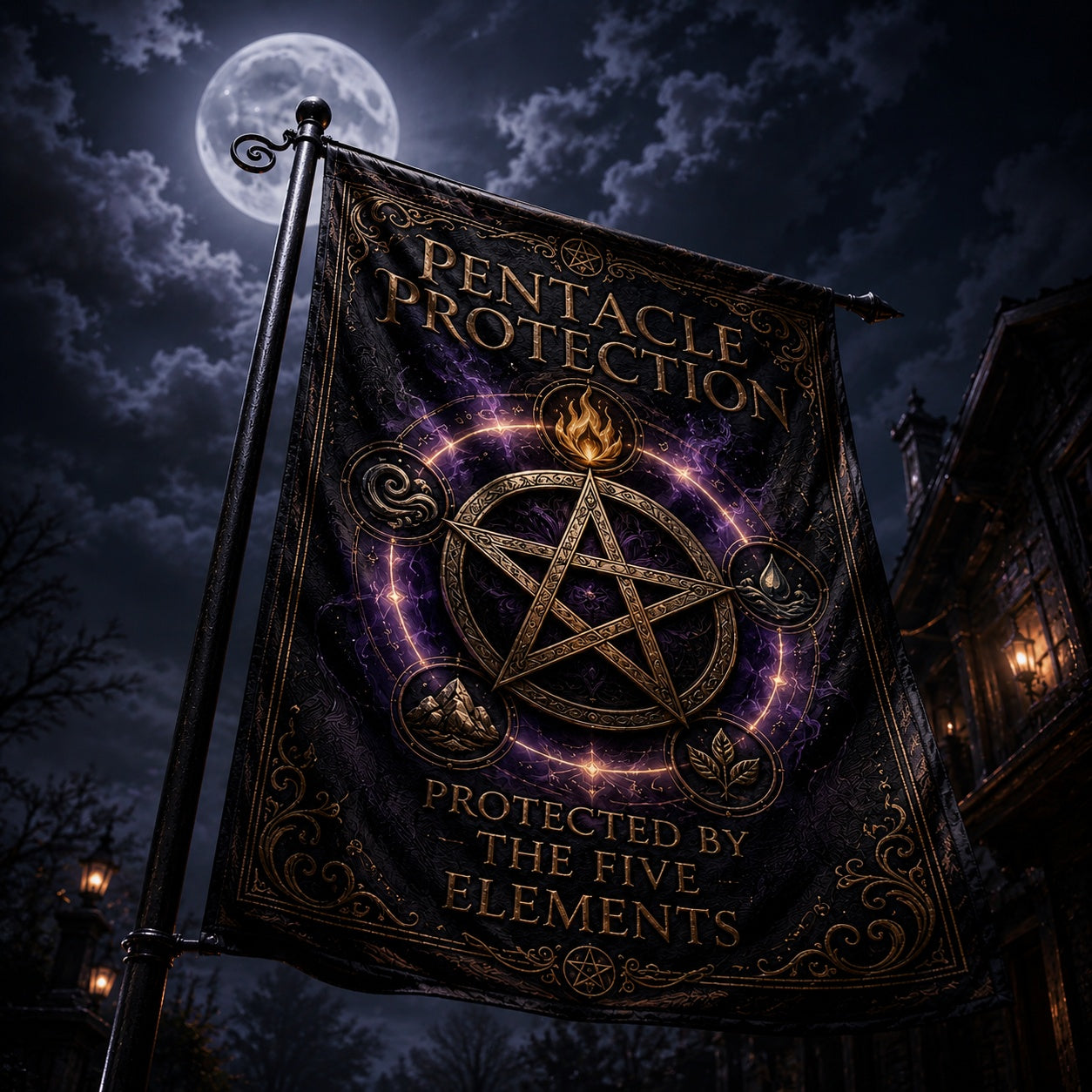 Pentacle Protection house flag mockup hanging outdoors as pagan decor