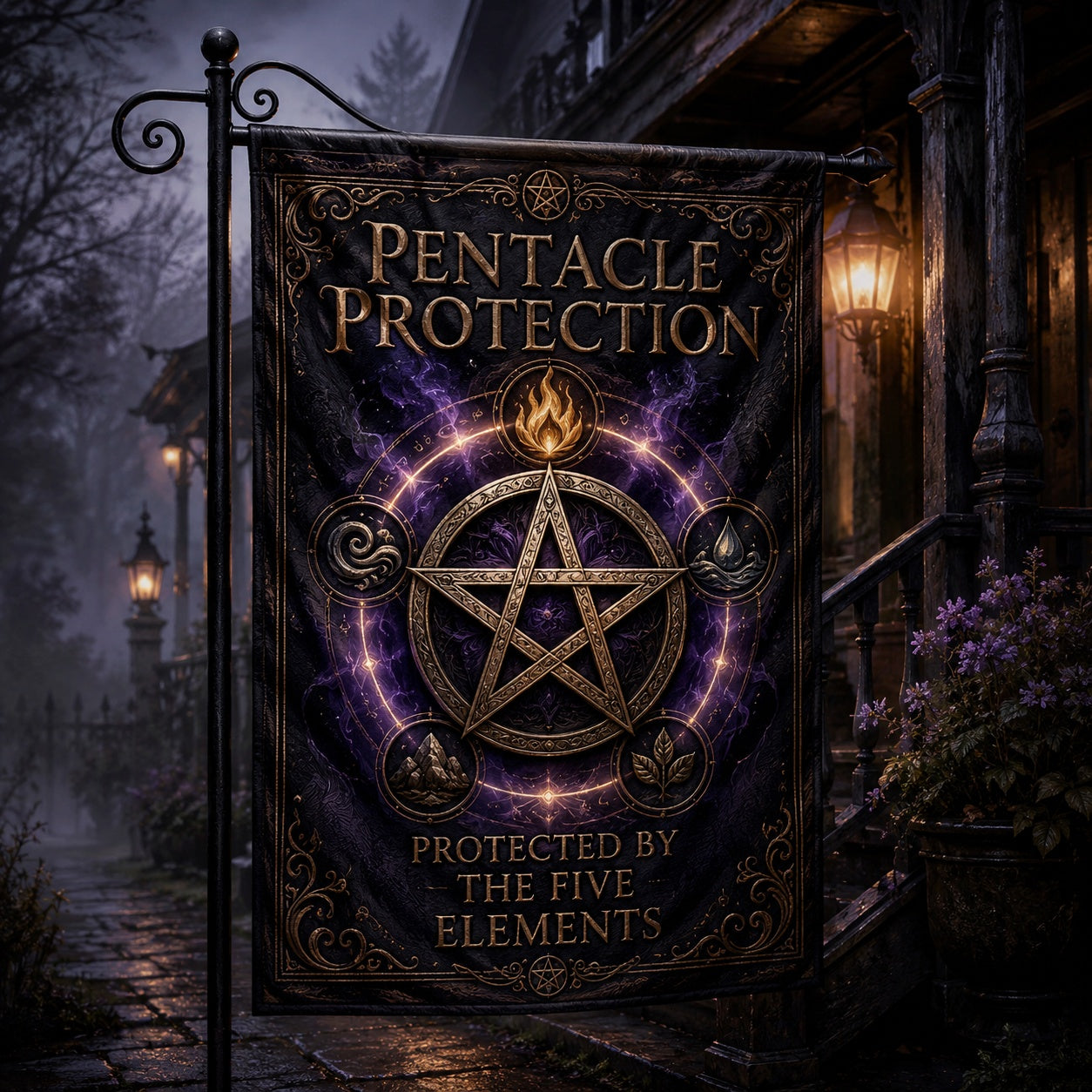 Pentacle Protection house flag with Protected by the Five Elements design