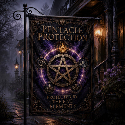 Pentacle Protection house flag with Protected by the Five Elements design