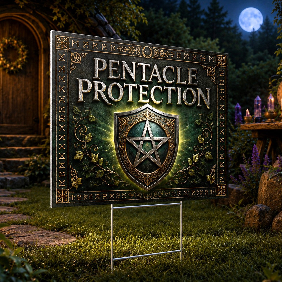 Pentacle Protection Shield Wreath Wicca Yard Sign - porch scene