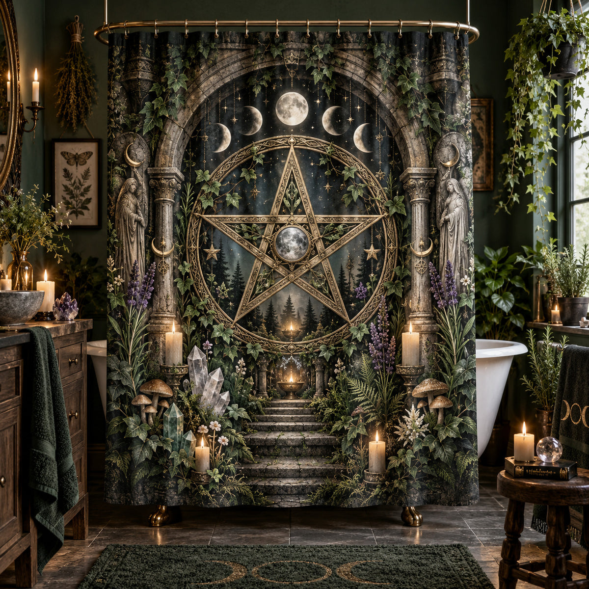 Pentacle Shower Curtain - Wiccan Stone Arch Botanical Decor