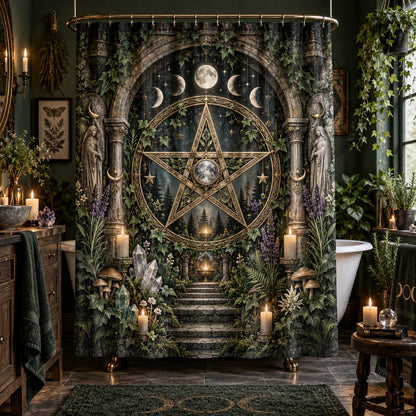 Pentacle Shower Curtain - Wiccan Stone Arch Botanical Decor