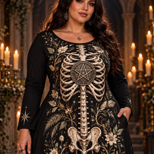 Pentacle Skeleton Plus Size Wiccan Dress – Gothic Long Sleeve Maxi – close up of the printed artwork