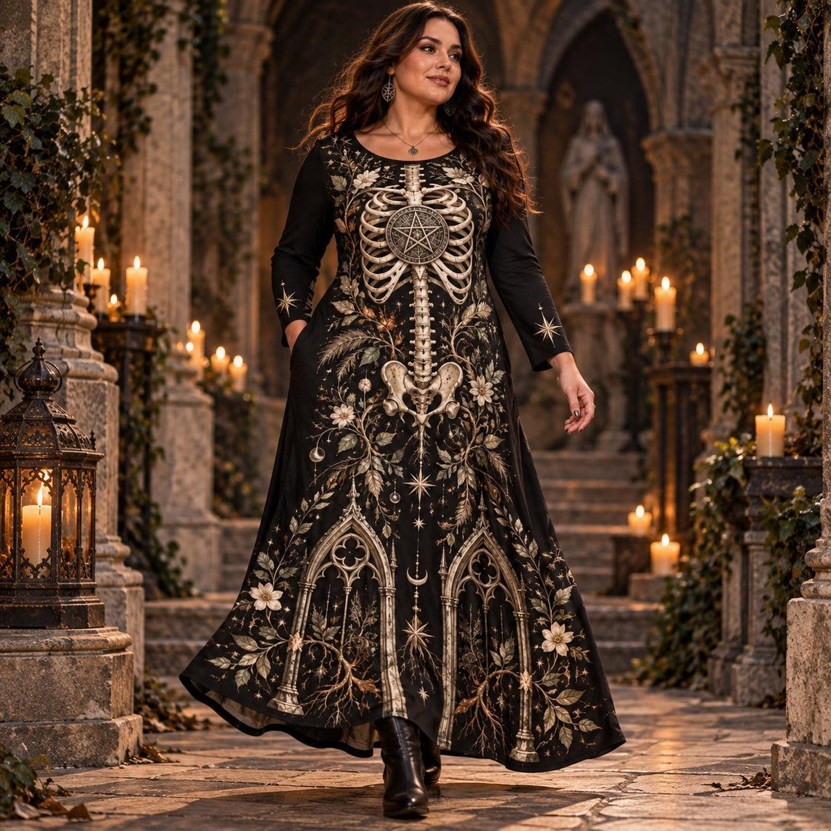 Pentacle Skeleton Plus Size Wiccan Dress – Gothic Long Sleeve Maxi – worn, in motion