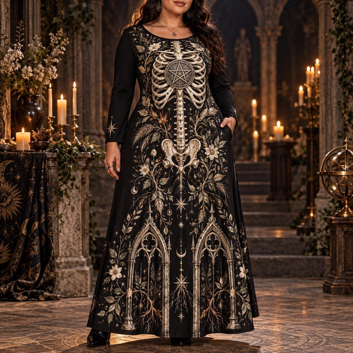 Pentacle Skeleton Plus Size Wiccan Dress – Gothic Long Sleeve Maxi – worn, front view