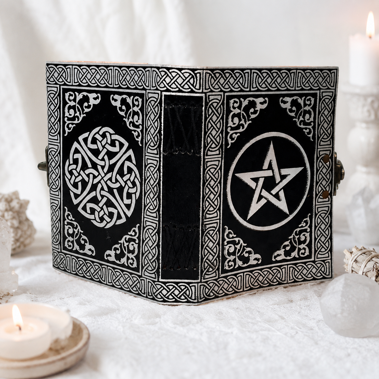 Pentacle Star Distressed Leather Journal – Vintage Witch Grimoire Sketchbook – leather journal, back cover view