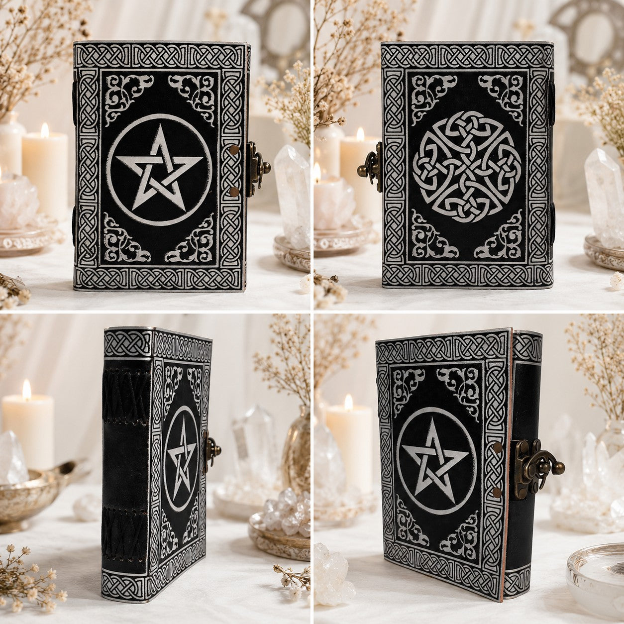 Pentacle Star Distressed Leather Journal – Vintage Witch Grimoire Sketchbook – leather journal, open blank pages view