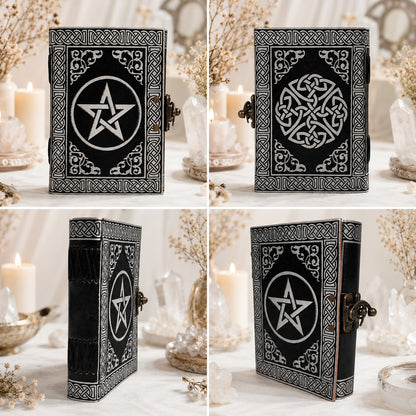 Pentacle Star Distressed Leather Journal – Vintage Witch Grimoire Sketchbook – leather journal, open blank pages view