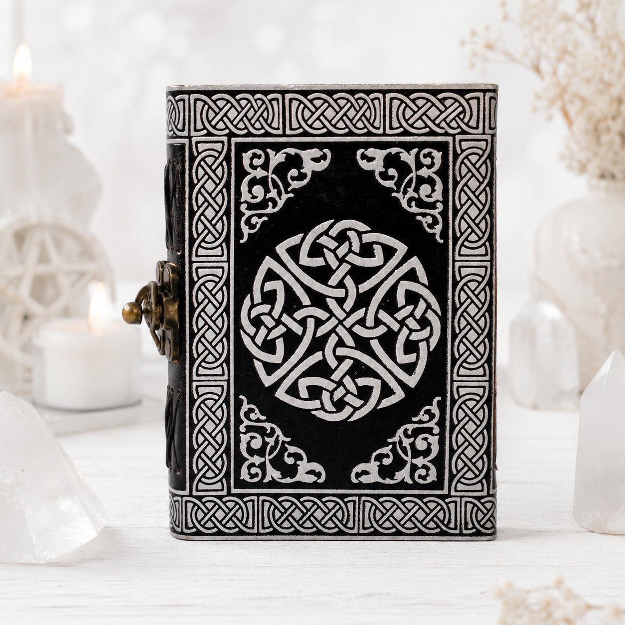 Pentacle Star Distressed Leather Journal – Vintage Witch Grimoire Sketchbook – leather journal, close-up cover detail