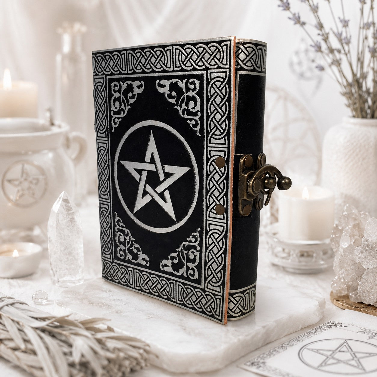 Pentacle Star Distressed Leather Journal – Vintage Witch Grimoire Sketchbook – leather journal, size and scale view