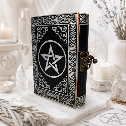 Pentacle Star Distressed Leather Journal – Vintage Witch Grimoire Sketchbook – leather journal, size and scale view