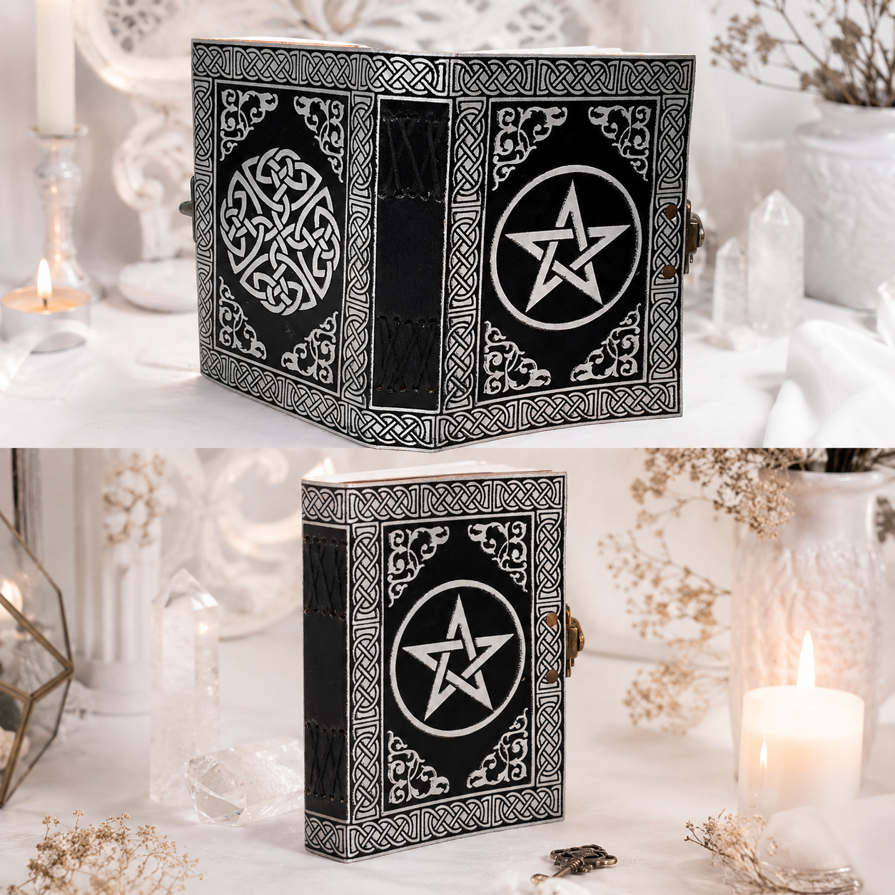Pentacle Star Distressed Leather Journal – Vintage Witch Grimoire Sketchbook-MoonChildWorld