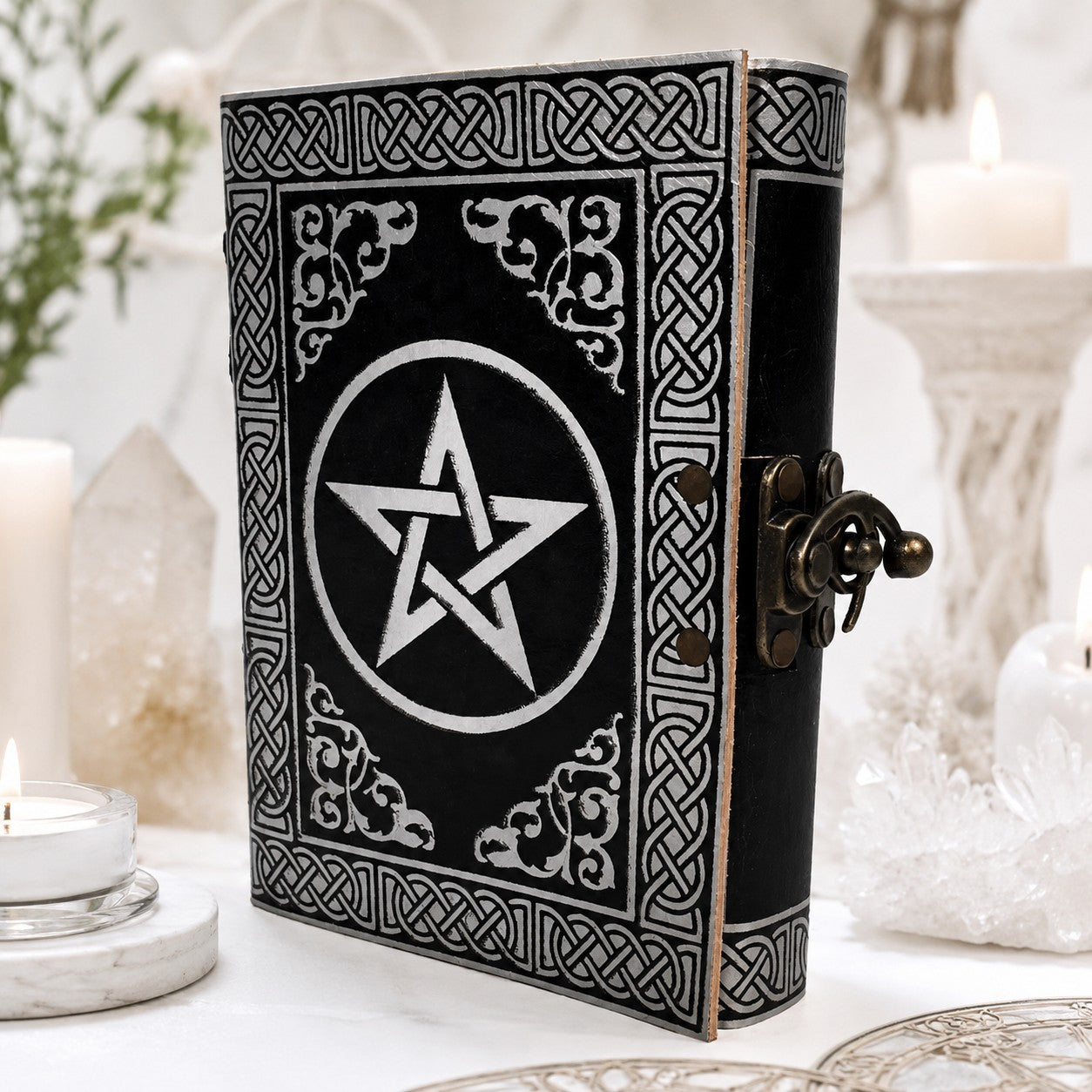 Pentacle Star Distressed Leather Journal – Vintage Witch Grimoire Sketchbook – leather journal, front cover view