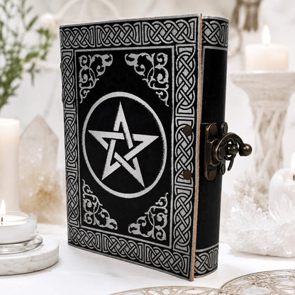 Pentacle Star Distressed Leather Journal – Vintage Witch Grimoire Sketchbook – leather journal, front cover view