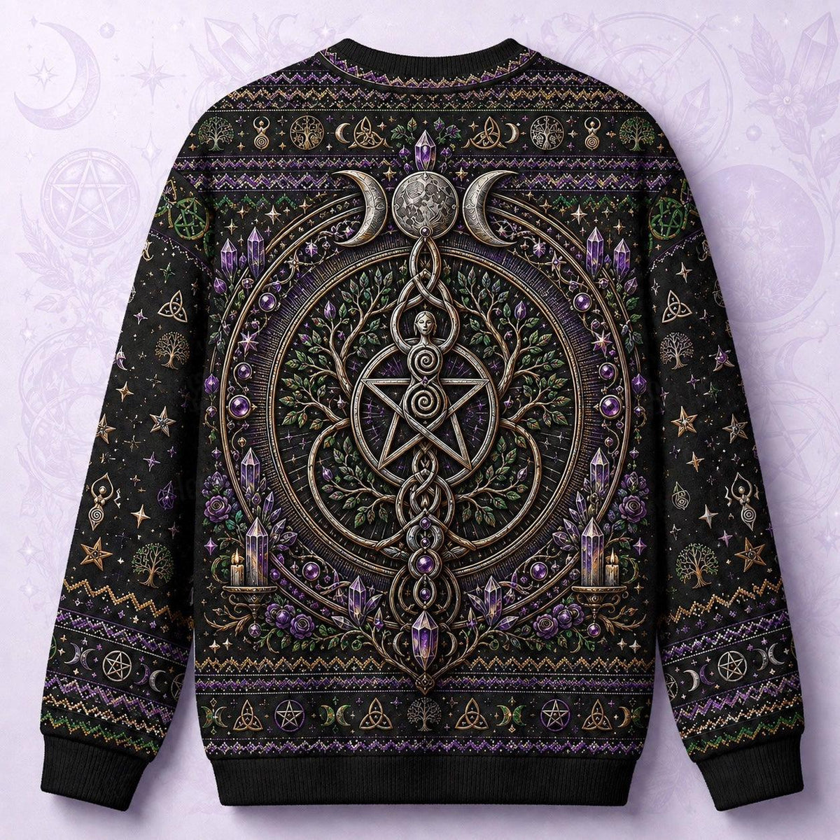 Pentacle Tree Sweater Triple Moon Amethyst Wiccan Altar Knit back view