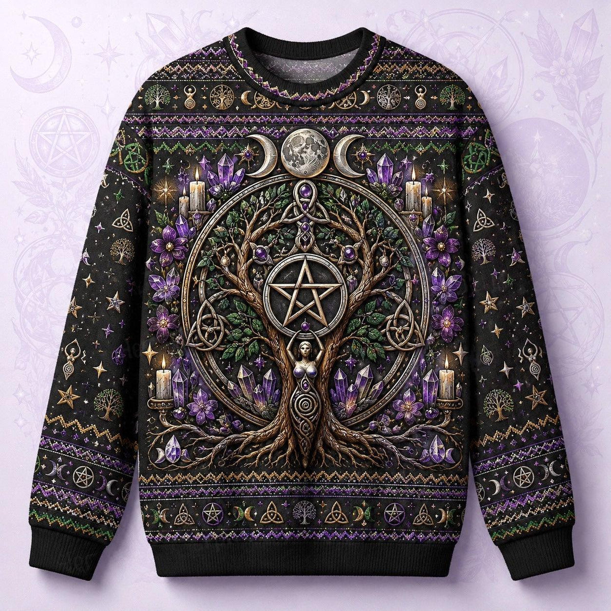 Pentacle Tree Sweater Triple Moon Amethyst Wiccan Altar Knit front view