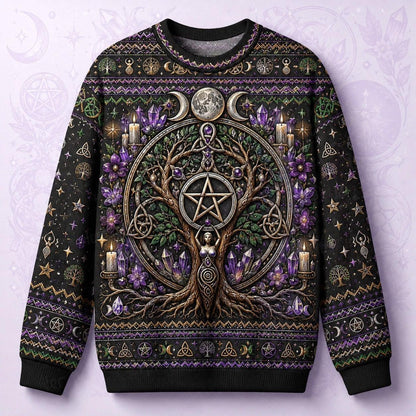 Pentacle Tree Sweater Triple Moon Amethyst Wiccan Altar Knit front view