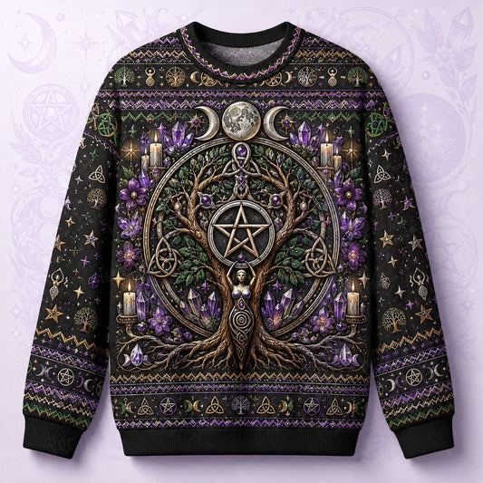 Pentacle Tree Sweater Triple Moon Amethyst Wiccan Altar Knit front view