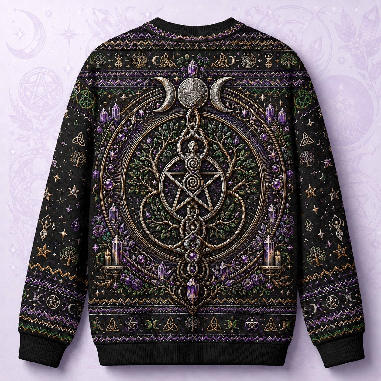 Pentacle Tree Sweater Triple Moon Amethyst Wiccan Altar Knit back view