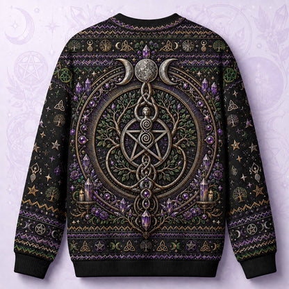 Pentacle Tree Sweater Triple Moon Amethyst Wiccan Altar Knit back view
