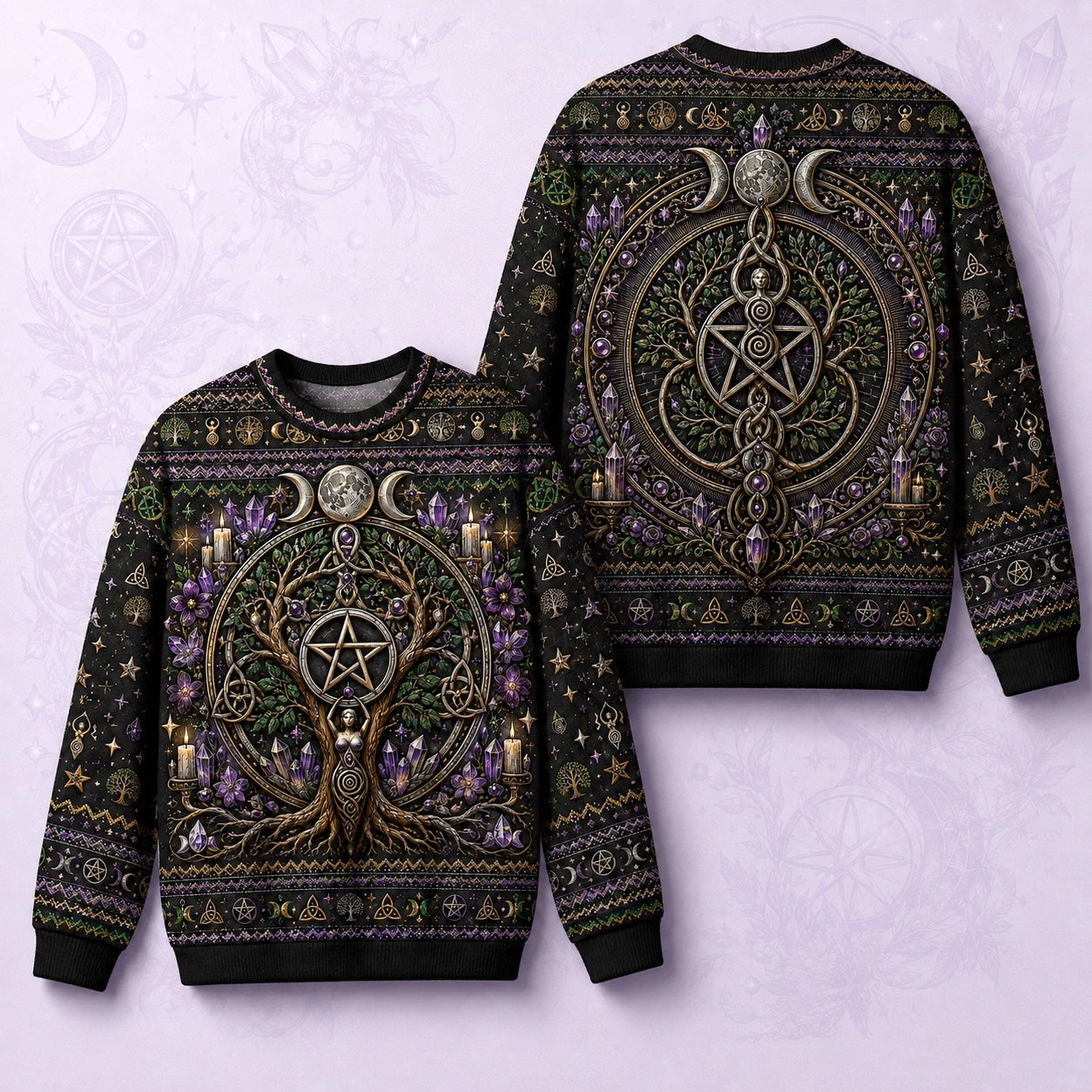 Pentacle Tree Sweater Triple Moon Amethyst Wiccan Altar Knit front and back together