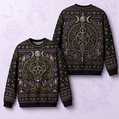 Pentacle Tree Sweater Triple Moon Amethyst Wiccan Altar Knit front and back together