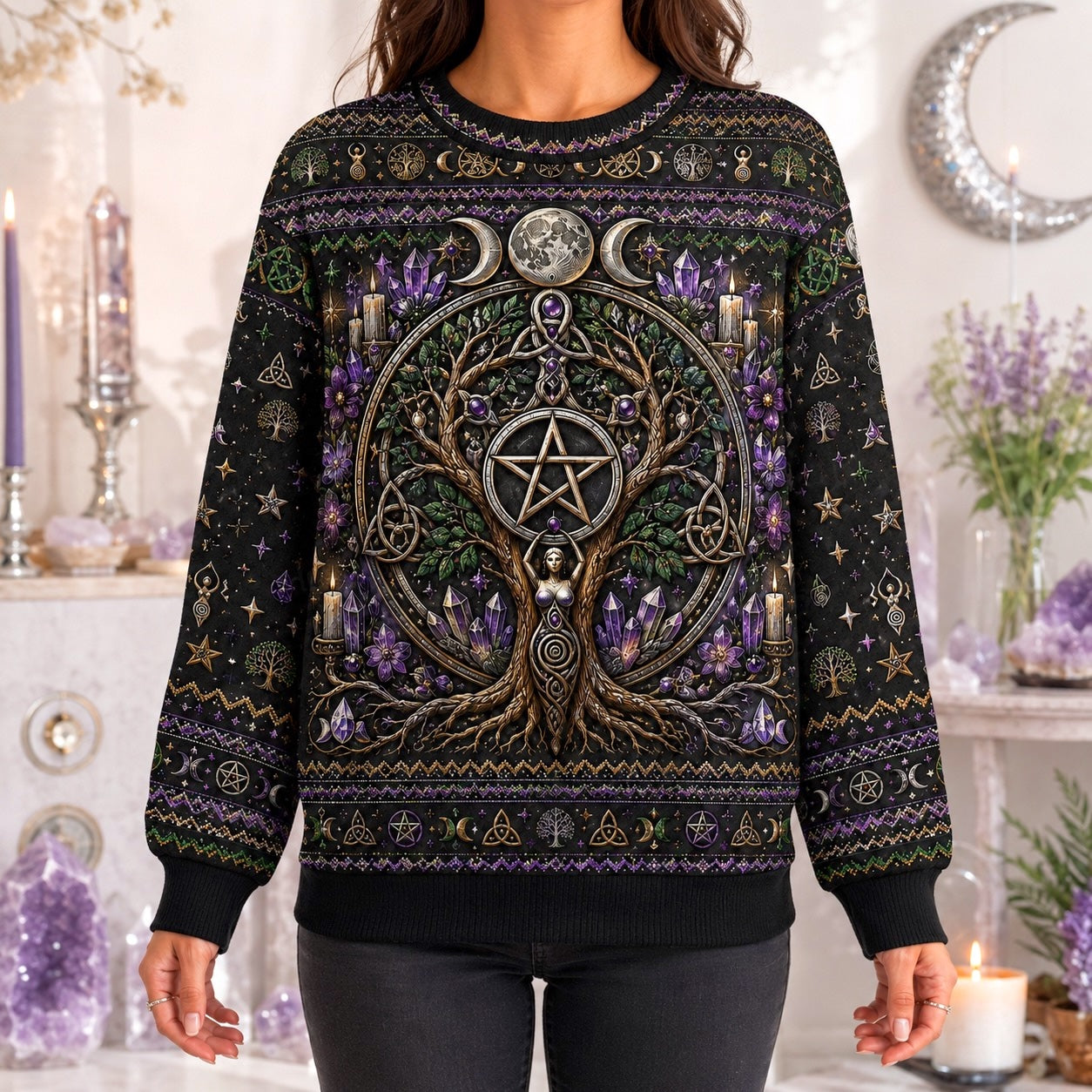 Pentacle Tree Sweater Triple Moon Amethyst Wiccan Altar Knit worn, front view