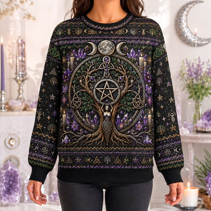 Pentacle Tree Sweater Triple Moon Amethyst Wiccan Altar Knit worn, front view
