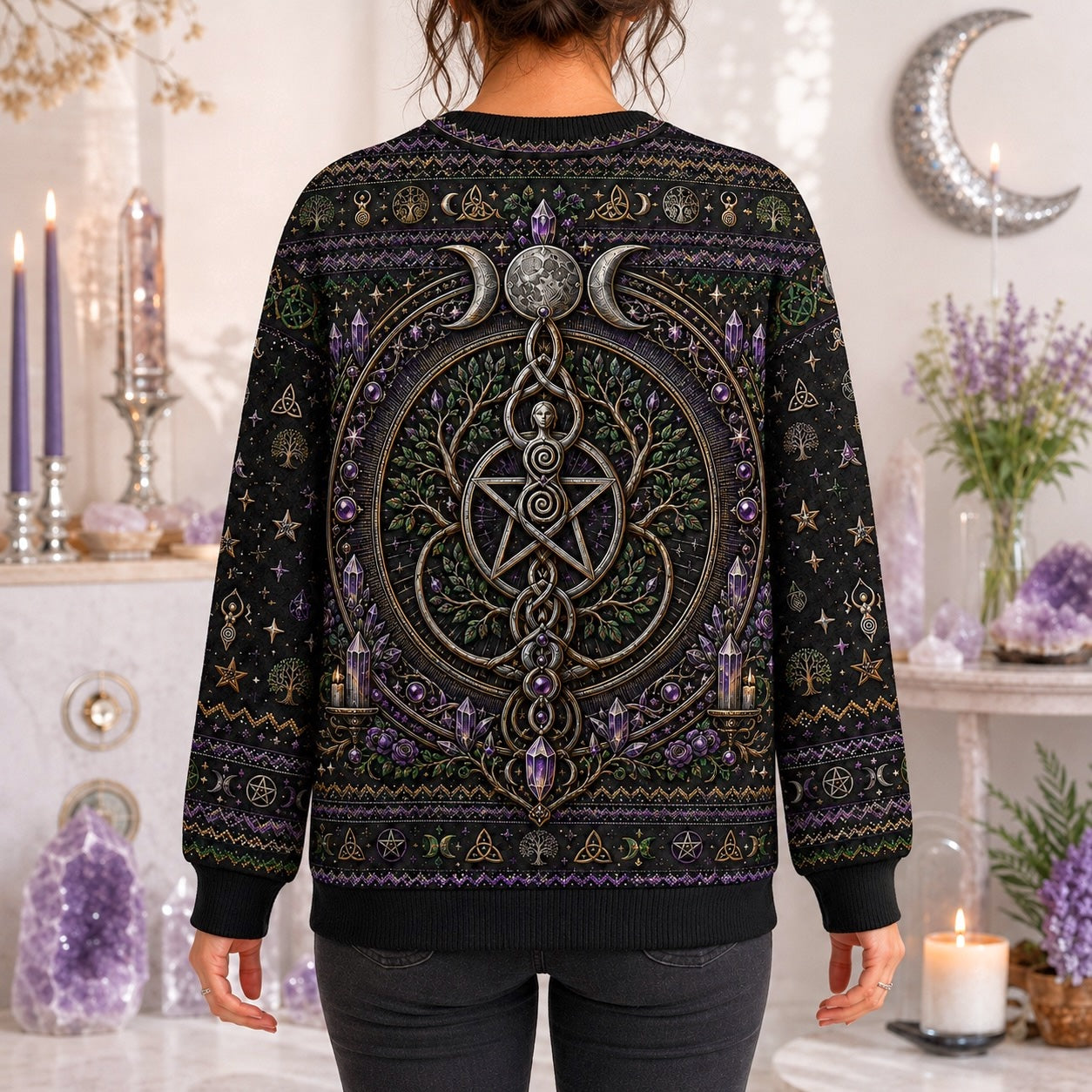 Pentacle Tree Sweater Triple Moon Amethyst Wiccan Altar Knit worn, back view