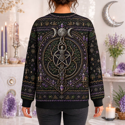 Pentacle Tree Sweater Triple Moon Amethyst Wiccan Altar Knit worn, back view
