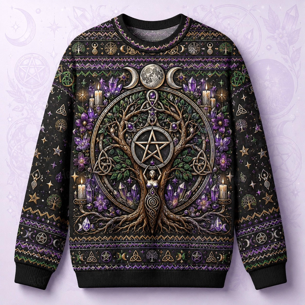 Pentacle Tree Sweater Triple Moon Amethyst Wiccan Altar Knit front view