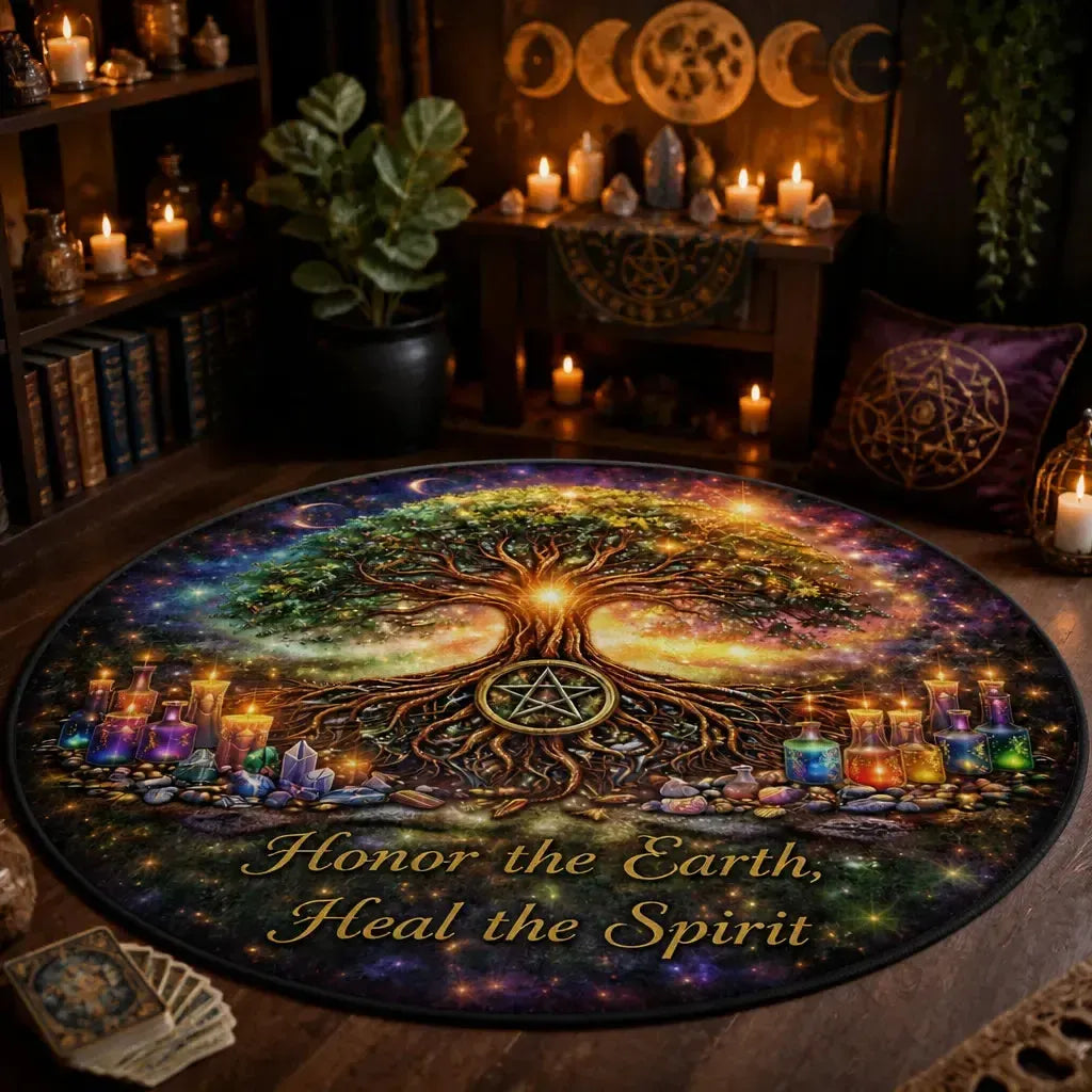 Pentacle Tree of Life Wicca Round Rug - Spirit Tree Pagan Carpet Mystic Home Decor_mockup_1.webp