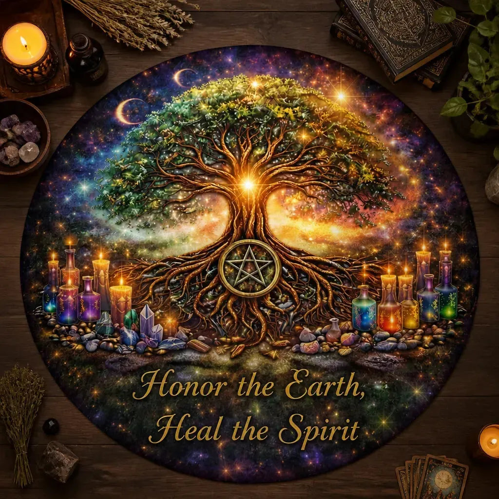 Pentacle Tree of Life Wicca Round Rug - Spirit Tree Pagan Carpet Mystic Home Decor_mockup_2.webp