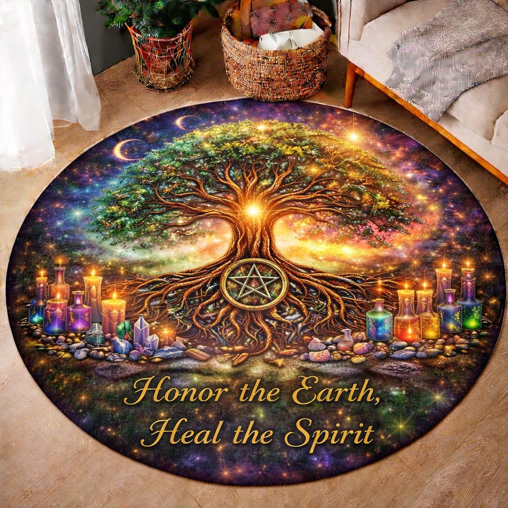 Round Wicca rug with a glowing Tree of Life, pentacle, candles, crystals, and "Honor the Earth, Heal the Spirit" text.