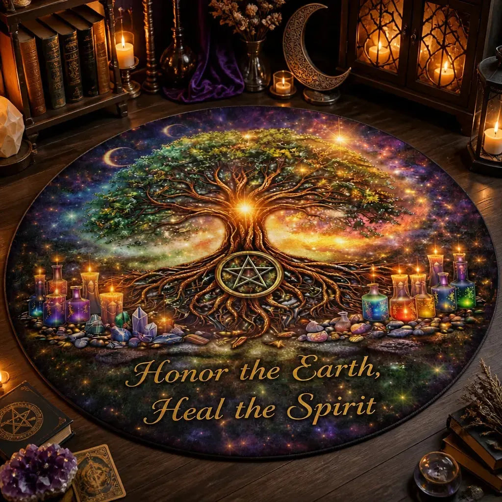 Pentacle Tree of Life Wicca Round Rug - Spirit Tree Pagan Carpet Mystic Home Decor_mockup_3.webp