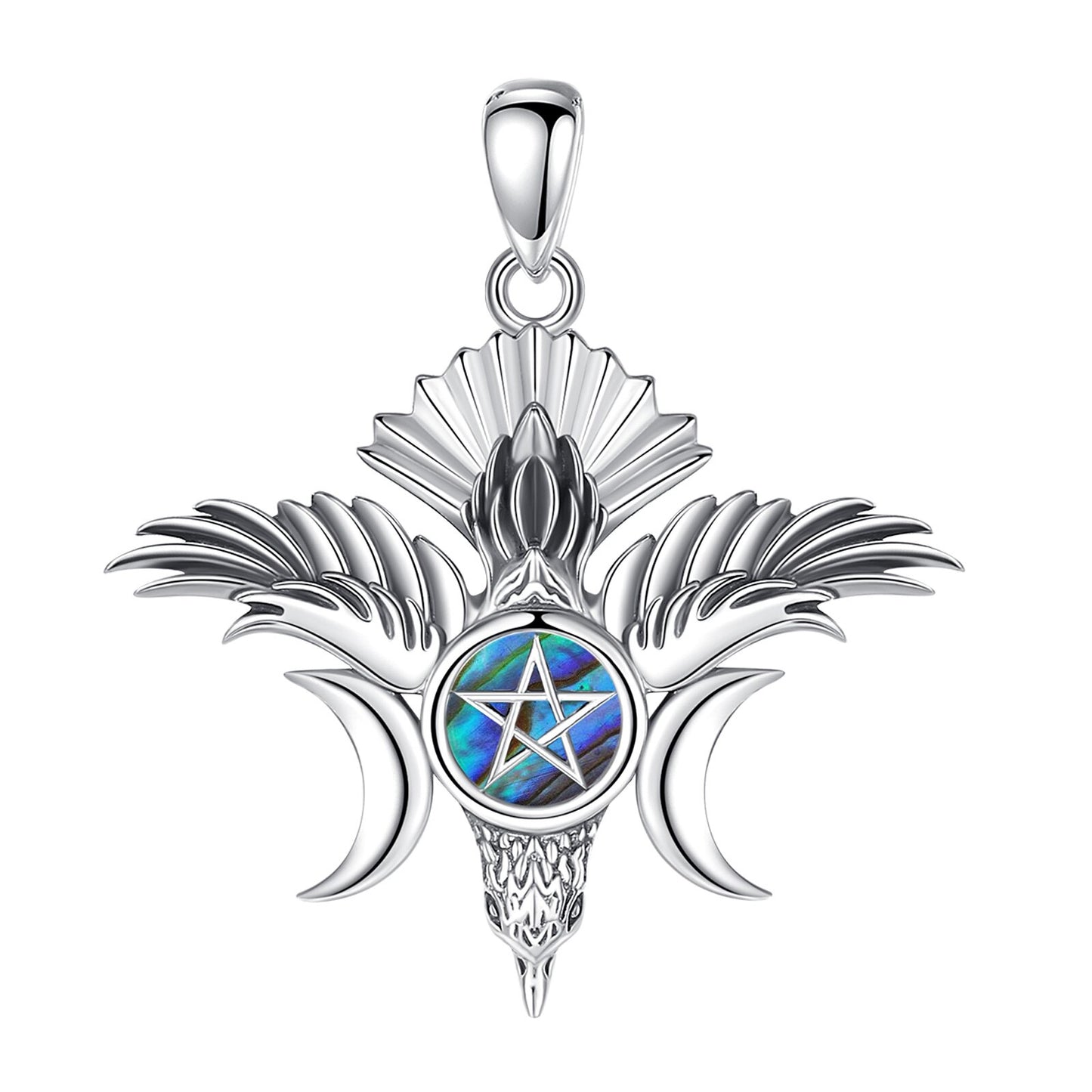 Sterling silver Pentacle Triple Moon Goddess necklace with iridescent abalone inlay.