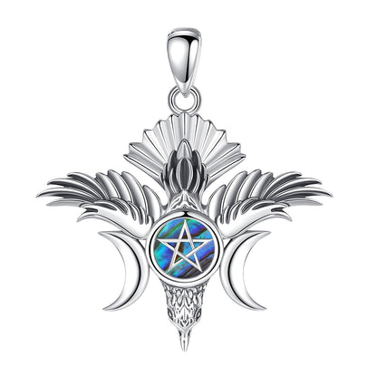 Sterling silver Pentacle Triple Moon Goddess necklace with iridescent abalone inlay.